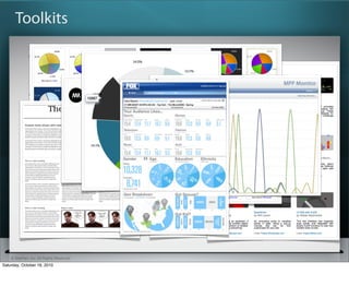 Toolkits

                   Low-level (shapes, lines, events, etc.):
                          Dojo GFX, MooTools ART, Processing, Rapha?l
                   High-level
                          DojoX Charting, Drawing
                          MooTools ART Widgets
                          PlotKit and many other charting projects




    ? SitePen, Inc. All Rights Reserved
Saturday, October 16, 2010
 