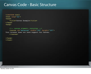 Canvas Code - Basic Structure

          <!DOCTYPE html>
          <html lang="en">
          <head>
              <title>Canvas Example</title>
          </head>
          <body>

              <!-- canvas element; container -->
              <canvas id="myCanvas" width="320" height="320">
          Your browser does not have support for Canvas.
              </canvas>

          </body>
          </html>




    ? SitePen, Inc. All Rights Reserved
Saturday, October 16, 2010
 