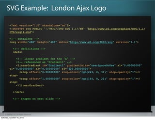 SVG Example: London Ajax Logo

          <?xml version="1.0" standalone="no"?>
          <!DOCTYPE svg PUBLIC "-//W3C//DTD SVG 1.1//EN" "http://www.w3.org/Graphics/SVG/1.1/
          DTD/svg11.dtd">

          <!-- container -->
          <svg width="480" height="480" xmlns="http://www.w3.org/2000/svg" version="1.1">?

              <!-- definitions -->
              <defs>?

              <!-- linear gradient for the "A" -->
              <!-- referenced as "Gradient1" -->
              <linearGradient id="Gradient1" gradientUnits="userSpaceOnUse" x1="0.00000000"
          y1="0.00000000" x2="0.00000000" y2="420.00000000">?
                 <stop offset="0.00000000" stop-color="rgb(243, 0, 31)" stop-opacity="1">?</
          stop>?
                 <stop offset="1.00000000" stop-color="rgb(164, 0, 22)" stop-opacity="1">?</
          stop>?
              </linearGradient>?

              </defs>?

              <!-- shapes on next slide -->




    ? SitePen, Inc. All Rights Reserved
Saturday, October 16, 2010
 