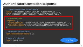 Copyright (C) 2018 Yahoo Japan Corporation. All Rights Reserved. 42
AuthenticatorAttestationResponse
{
// credential identifier on the device
"rawId": "imCIoe8U_N9M1rTGeCqJ96TAu5uqSPa7YUzd ... ",
"id": ” imCIoe8U_N9M1rTGeCqJ96TAu5uqSPa7YUzdh7qq ... ",
// attestation data
"response": {
"clientDataJSON": ”eyJjaGFsbGVuZ2UiOiJJSFdtWjFPa1MydDZLaH ... ”,
"attestationObject": ”o2NmbXRoZmlkby11MmZnYXR0U3RtdKJjc2 ... "
},
// extensions results struct
"getClientExtensionResults": {},
//  type of credential
"type": "public-key”
}
サンプル
 