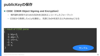 Copyright (C) 2018 Yahoo Japan Corporation. All Rights Reserved. 65
publicKeyの保存
 COSE（CBOR Object Signing and Encryption）
• 暗号鍵を表現するためのJSONをCBORエンコードしたフォーマット
• COSEから取得したxとyを連結し、先頭に0x04を加えるとPublicKeyになる
// result of COSE parse
{
1: kty=2,
3: alg=-7,
-1: crv=1,
-2: x,
-3: y,
} サンプル
 