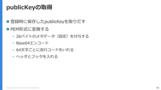 Copyright (C) 2018 Yahoo Japan Corporation. All Rights Reserved. 93
publicKeyの取得
 登録時に保存したpublicKeyを取りだす
 PEM形式に変換する
• 26バイトのメタデータ（固定）を付与する
• Base64エンコード
• 64文字ごとに改行コードをいれる
• ヘッダとフッタを入れる
 