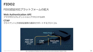 Copyright (C) 2018 Yahoo Japan Corporation. All Rights Reserved. 25
FIDO2
FIDO認証対応プラットフォームの拡大
Web Authentication API
ブラウザからクレデンシャルにアクセスするAPI
CTAP
クライアントと外部認証器間の通信をサポートするプロトコル
https://www.slideshare.net/FIDOAlliance/fido-psd2-solving-the-strong-customer-authentication-challenge-in-europe
 