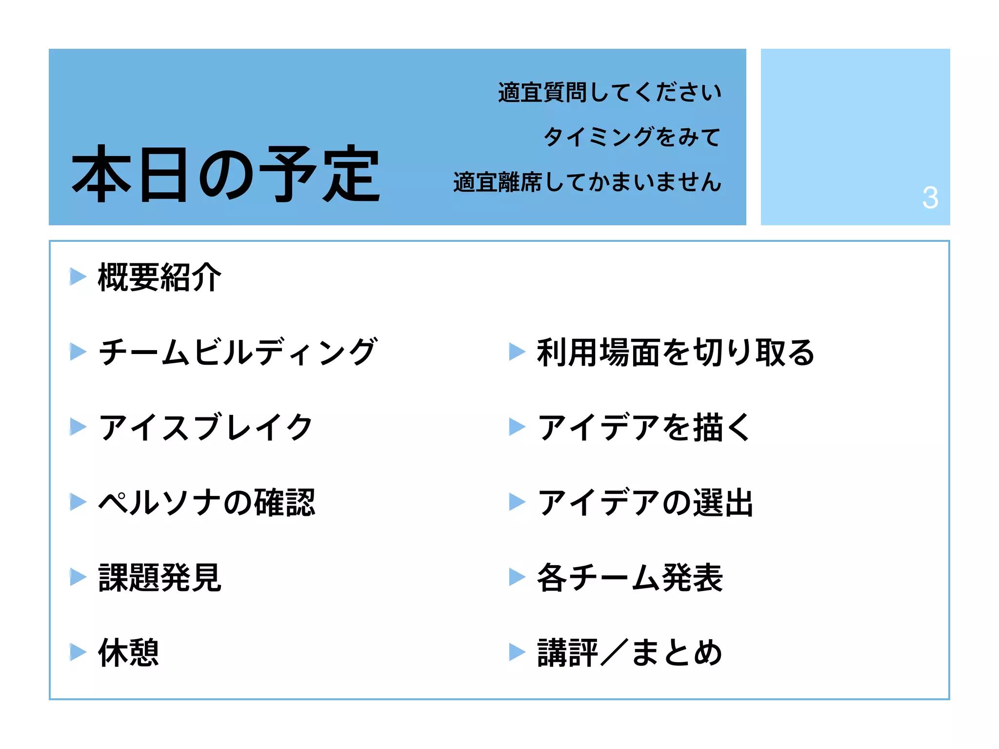 本日の予定
概要紹介
チームビルディング
アイスブレイク
ペルソナの確認
課題発見
休憩
利用場面を切り取る
アイデアを描く
アイデアの選出
各チーム発表
講評／まとめ
適宜質問してください
タイミングをみて
適宜離席してかまいません
3
 