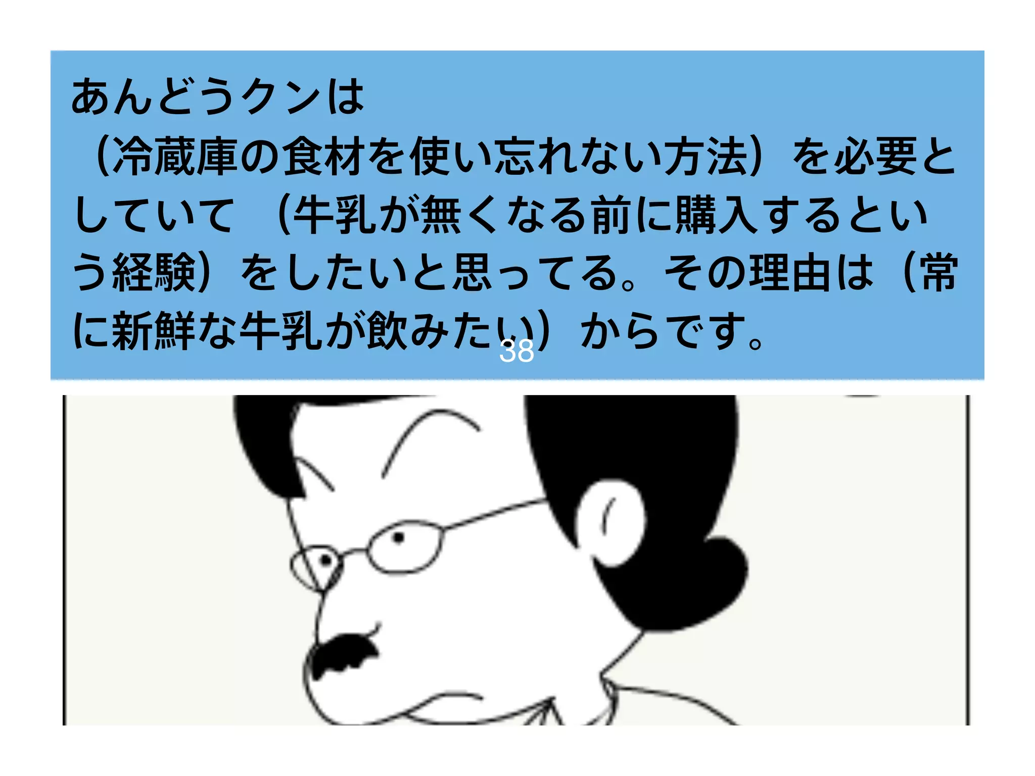 あんどうクンは
（冷蔵庫の食材を使い忘れない方法）を必要と
していて （牛乳が無くなる前に購入するとい
う経験）をしたいと思ってる。その理由は（常
に新鮮な牛乳が飲みたい）からです。38
 