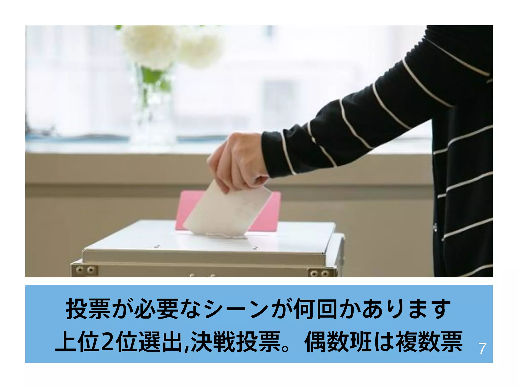 投票が必要なシーンが何回かあります
上位2位選出,決戦投票。偶数班は複数票 7
 