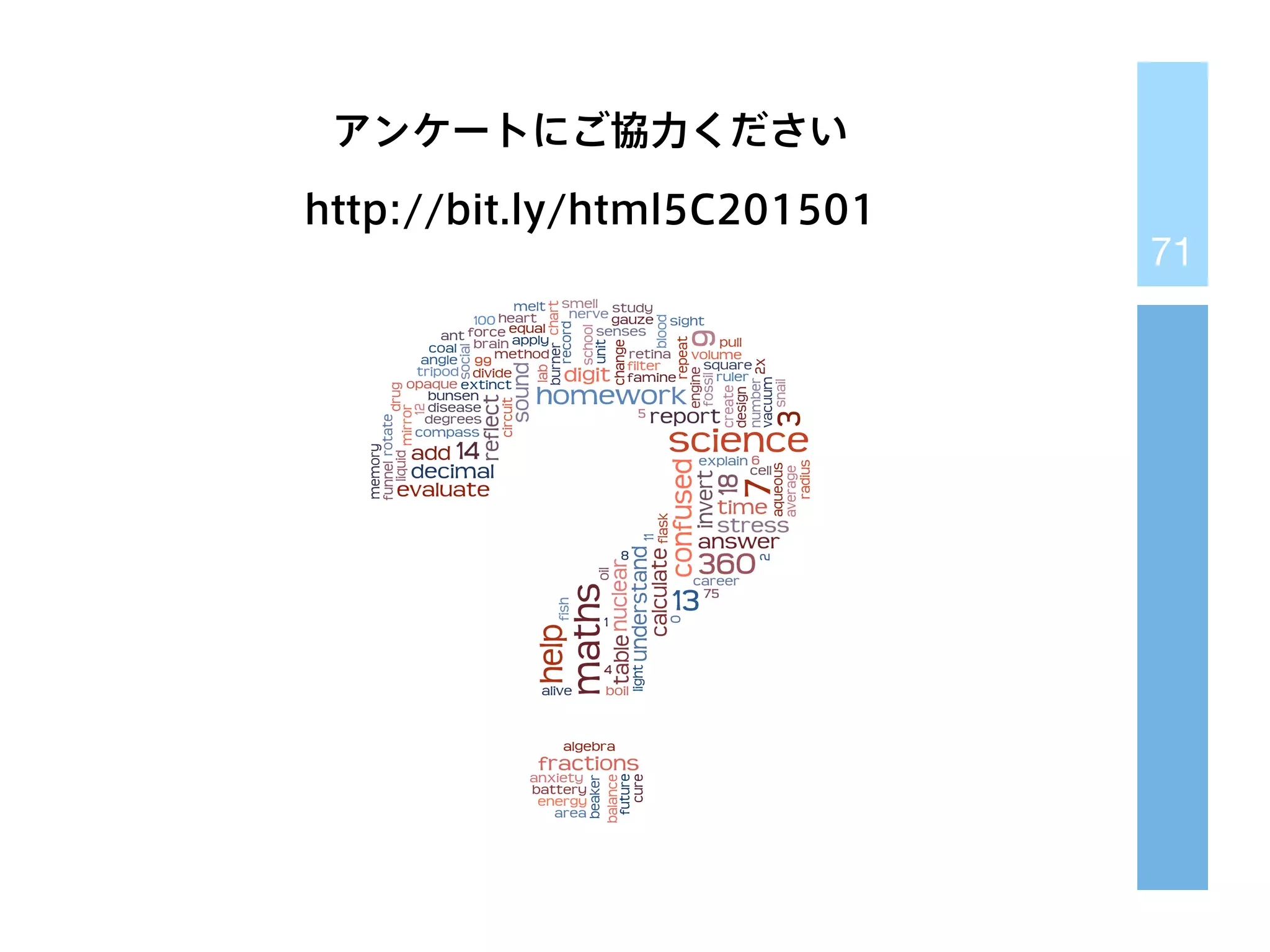 71
アンケートにご協力ください
http://bit.ly/html5C201501
 