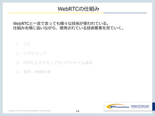 Copyright © NTT Communications Corporation. All right reserved.
WebRTCの仕組み
14
WebRTCと⼀⾔で⾔っても様々な技術が使われている。
仕組みを順に追いながら、使⽤され...