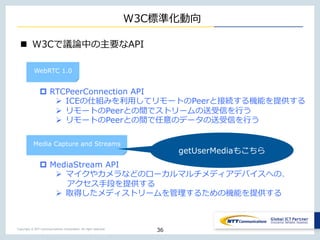 Copyright © NTT Communications Corporation. All right reserved.
W3C標準化動向
n W3Cで議論中の主要なAPI
36
WebRTC 1.0
p RTCPeerConnectio...