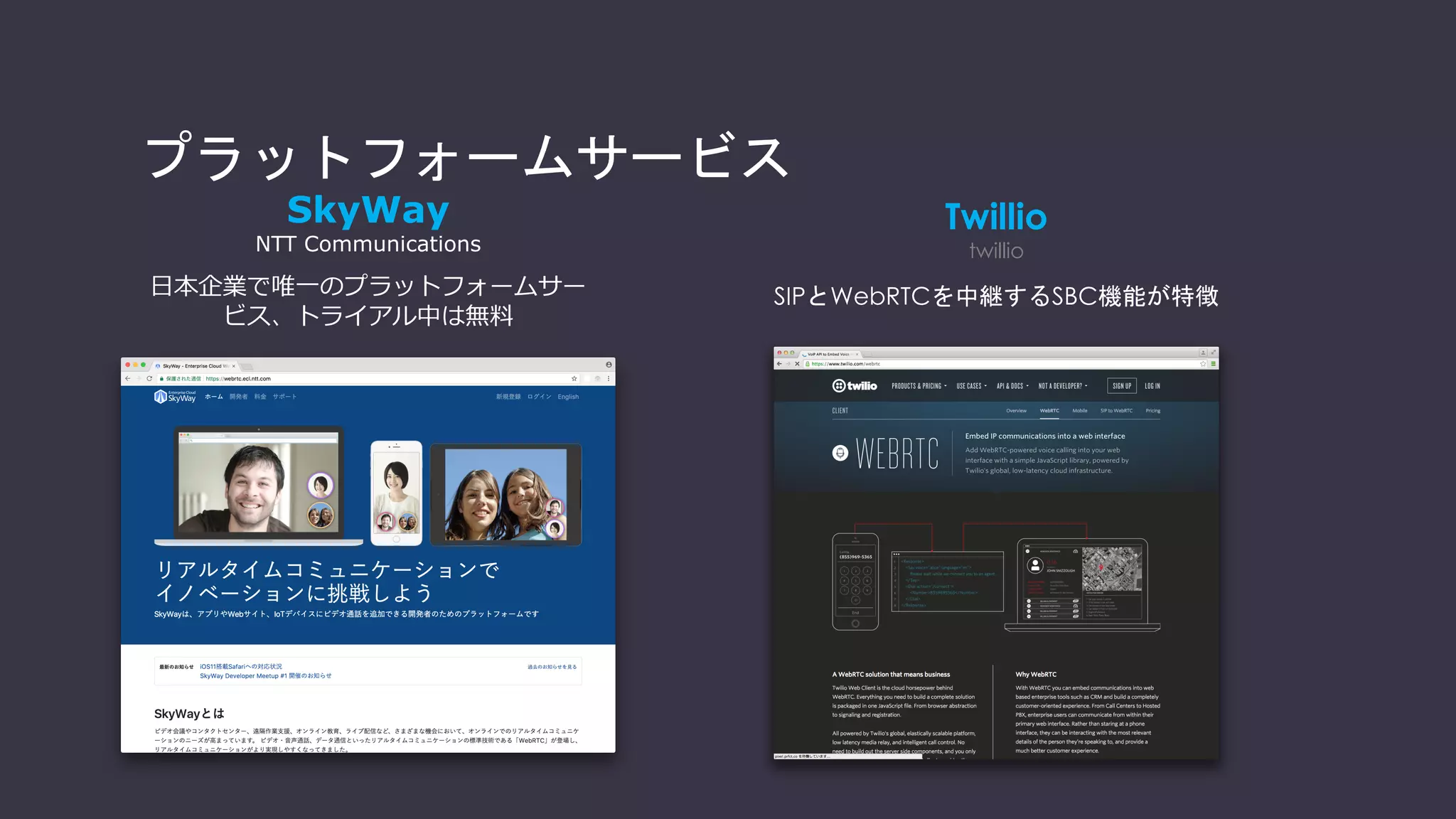 WebRTCを自分で全て開発する場合
WebアプリiOS
アプリ
アプリ
Android
アプリ
クラウド
iOS Android Windows Mac
ブラウザ
iOS
SDK
Android
SDK
JavaScript SDK
クラウド
Signaling
API
STUN
API
TURN
API
HTML5 API群
WebRTC プロトコル・スタック
自分で開発・用意 第三者が提供
デバイス側 クラウド側
通信
SFU
API
 