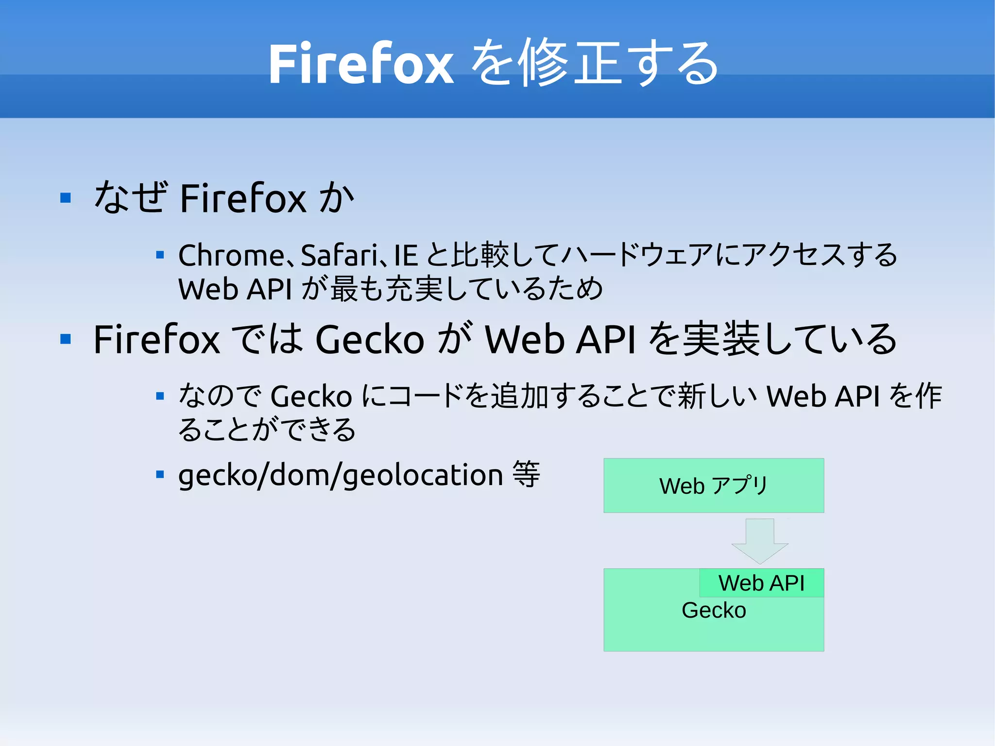 Firefox を修正する

なぜ Firefox か

Chrome、Safari、IE と比較してハードウェアにアクセスする
Web API が最も充実しているため

Firefox では Gecko が Web API を実装している

なので Gecko にコードを追加することで新しい Web API を作
ることができる

gecko/dom/geolocation 等
Gecko
Web アプリ
Web API
 