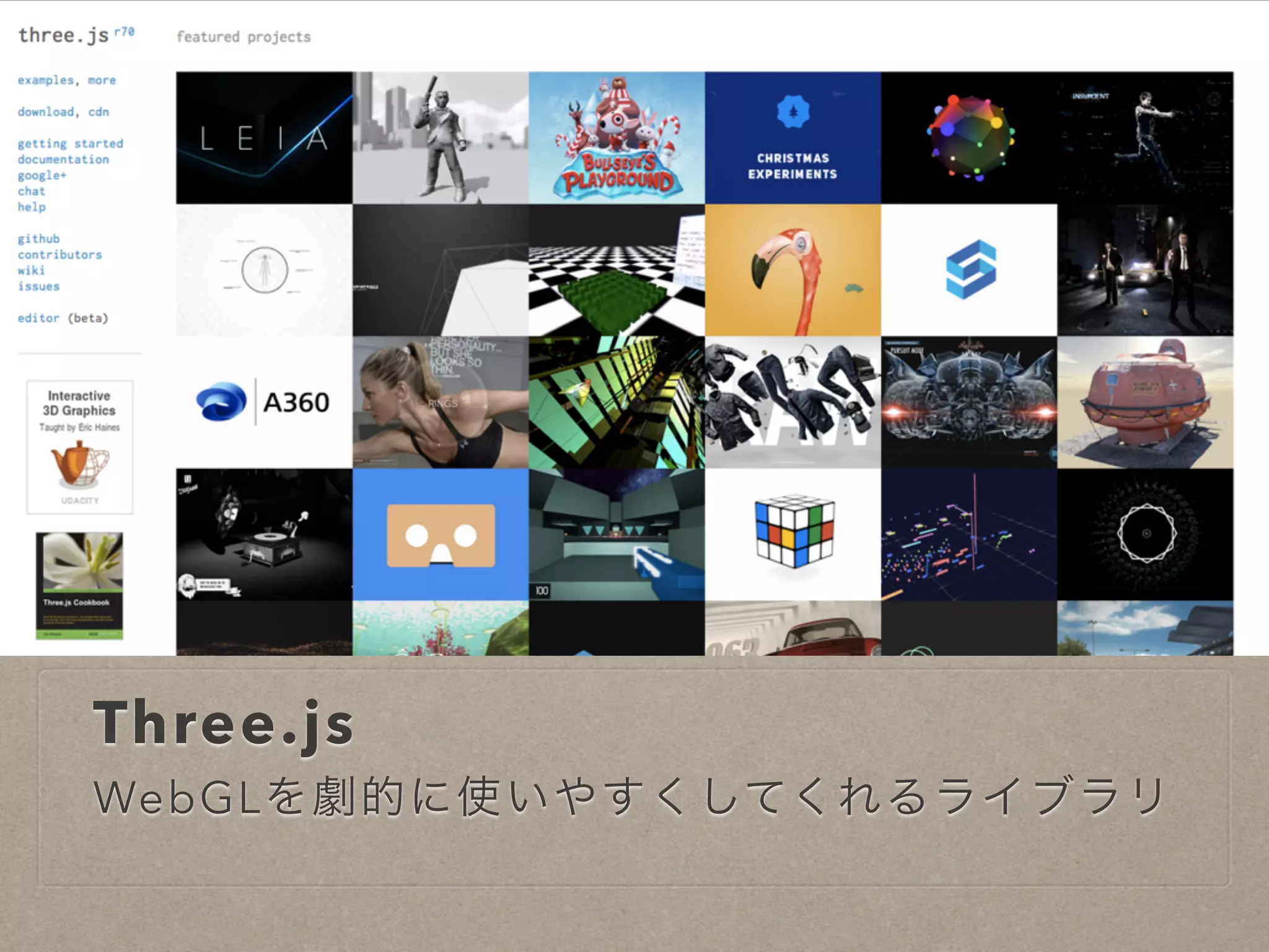 Three.js
WebGLを劇的に使いやすくしてくれるライブラリ
 