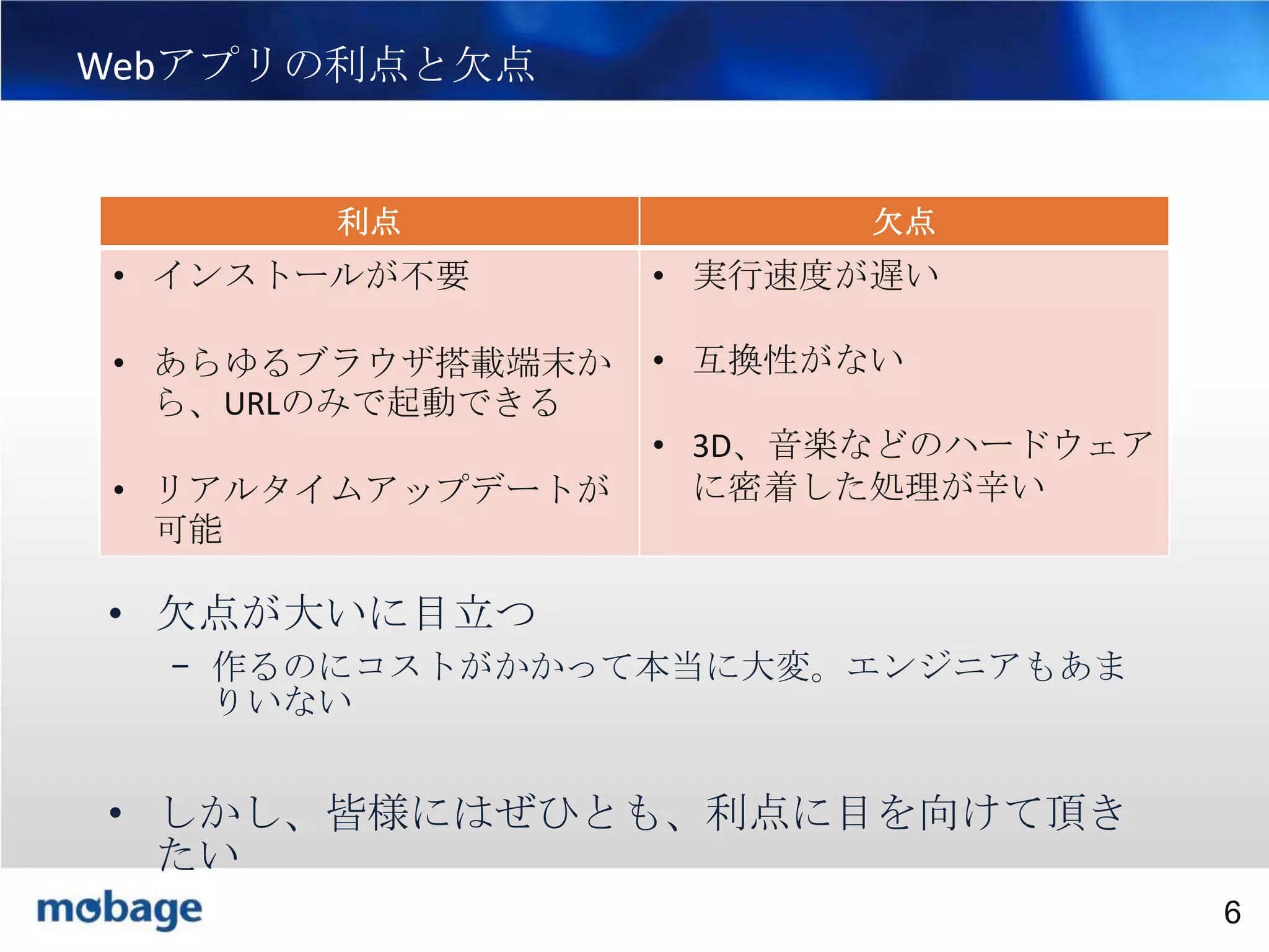 6

Webアプリの利点と欠点

利点

欠点

• インストールが不要

• 実行速度が遅い

• あらゆるブラウザ搭載端末か
ら、URLのみで起動できる

• 互換性がない

• リアルタイムアップデートが
可能

• 3D、音楽などのハードウェア
に密着した処理が辛い

• 欠点が大いに目立つ
– 作るのにコストがかかって本当に大変。エンジニアもあま
りいない

• しかし、皆様にはぜひとも、利点に目を向けて頂き
たい
Broadtail Confidential

Confidential
6

 
