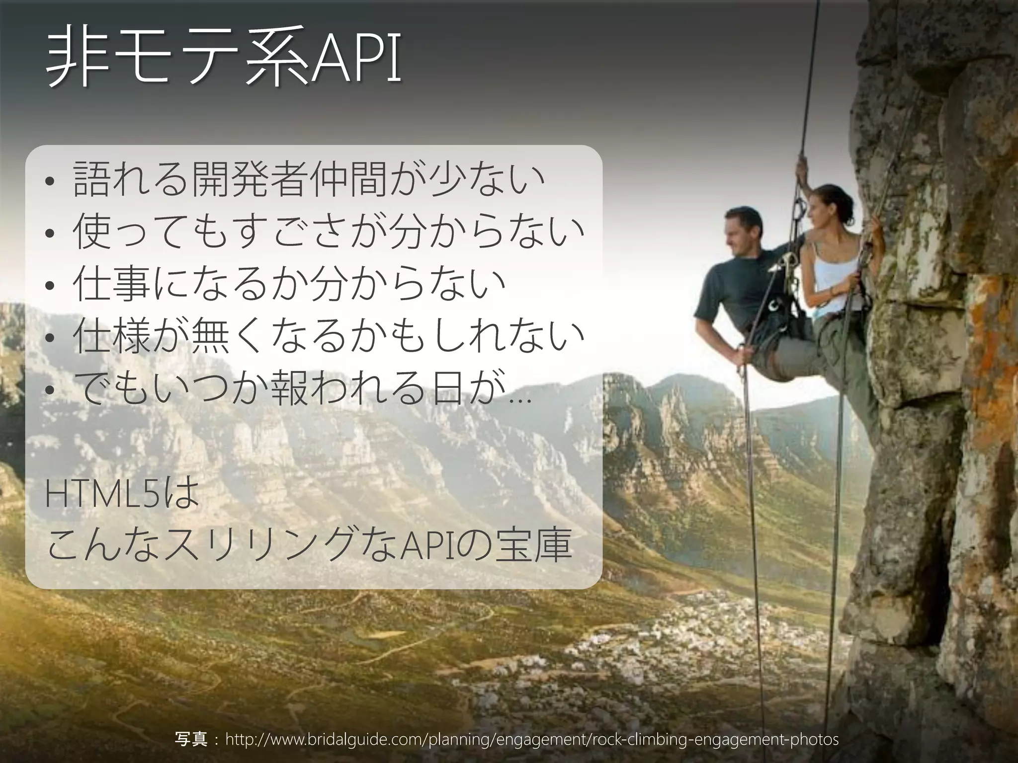 API
•
•
•
•
•

...

HTML5
API

写真：http://www.bridalguide.com/planning/engagement/rock-climbing-engagement-photos

 