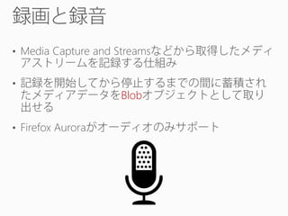 • Media Capture and Streams
•

• Firefox Aurora

Blob

 