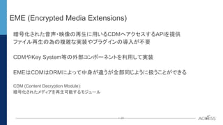 P. 28P. 28
EME (Encrypted Media Extensions)
暗号化された音声・映像の再生に用いるCDMへアクセスするAPIを提供
ファイル再生の為の複雑な実装やプラグインの導入が不要
CDMやKey System等の...