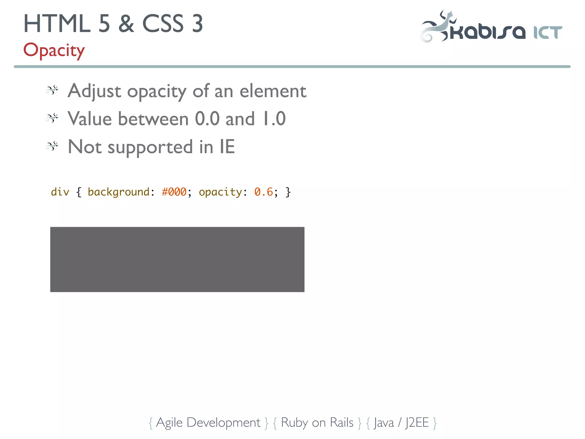 HTML 5 & CSS 3
Opacity

     Adjust opacity of an element
     Value between 0.0 and 1.0
     Not supported in IE

   div { background: #000; opacity: 0.6; }




                  { Agile Development } { Ruby on Rails } { Java / J2EE }
 