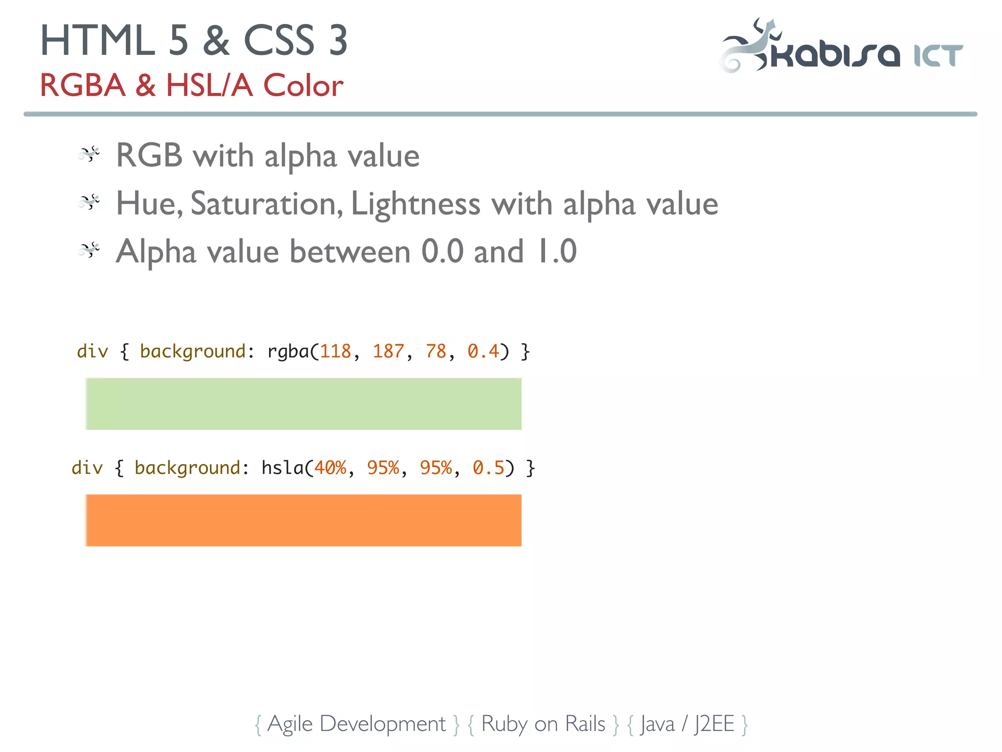 HTML 5 & CSS 3
RGBA & HSL/A Color

     RGB with alpha value
     Hue, Saturation, Lightness with alpha value
     Alpha value between 0.0 and 1.0

  div { background: rgba(118, 187, 78, 0.4) }




 div { background: hsla(40%, 95%, 95%, 0.5) }




                  { Agile Development } { Ruby on Rails } { Java / J2EE }
 
