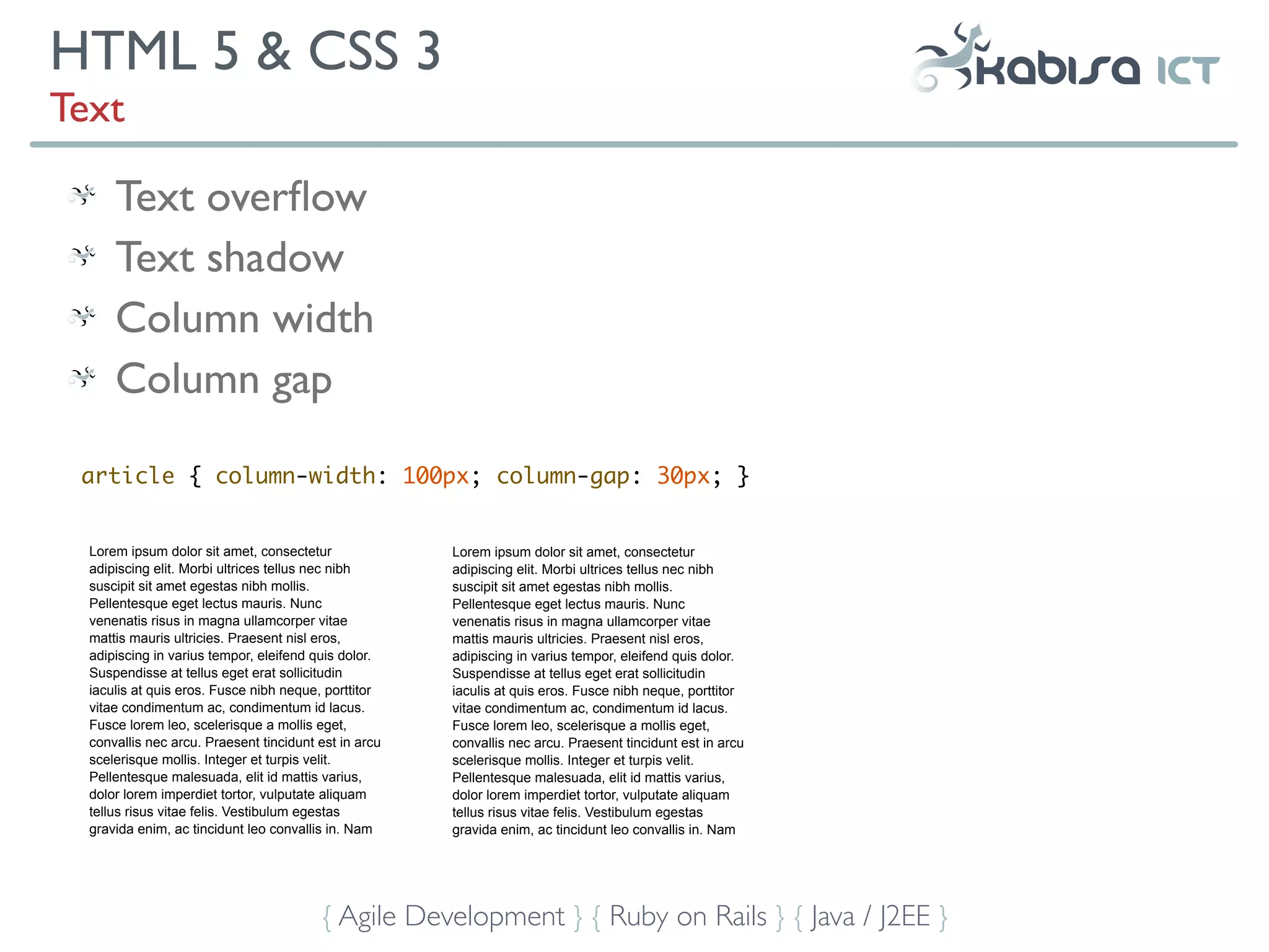 HTML 5 & CSS 3
Text

      Text overﬂow
      Text shadow
      Column width
      Column gap

 article { column-width: 100px; column-gap: 30px; }


  Lorem ipsum dolor sit amet, consectetur              Lorem ipsum dolor sit amet, consectetur
  adipiscing elit. Morbi ultrices tellus nec nibh      adipiscing elit. Morbi ultrices tellus nec nibh
  suscipit sit amet egestas nibh mollis.               suscipit sit amet egestas nibh mollis.
  Pellentesque eget lectus mauris. Nunc                Pellentesque eget lectus mauris. Nunc
  venenatis risus in magna ullamcorper vitae           venenatis risus in magna ullamcorper vitae
  mattis mauris ultricies. Praesent nisl eros,         mattis mauris ultricies. Praesent nisl eros,
  adipiscing in varius tempor, eleifend quis dolor.    adipiscing in varius tempor, eleifend quis dolor.
  Suspendisse at tellus eget erat sollicitudin         Suspendisse at tellus eget erat sollicitudin
  iaculis at quis eros. Fusce nibh neque, porttitor    iaculis at quis eros. Fusce nibh neque, porttitor
  vitae condimentum ac, condimentum id lacus.          vitae condimentum ac, condimentum id lacus.
  Fusce lorem leo, scelerisque a mollis eget,          Fusce lorem leo, scelerisque a mollis eget,
  convallis nec arcu. Praesent tincidunt est in arcu   convallis nec arcu. Praesent tincidunt est in arcu
  scelerisque mollis. Integer et turpis velit.         scelerisque mollis. Integer et turpis velit.
  Pellentesque malesuada, elit id mattis varius,       Pellentesque malesuada, elit id mattis varius,
  dolor lorem imperdiet tortor, vulputate aliquam      dolor lorem imperdiet tortor, vulputate aliquam
  tellus risus vitae felis. Vestibulum egestas         tellus risus vitae felis. Vestibulum egestas
  gravida enim, ac tincidunt leo convallis in. Nam     gravida enim, ac tincidunt leo convallis in. Nam




                                         { Agile Development } { Ruby on Rails } { Java / J2EE }
 
