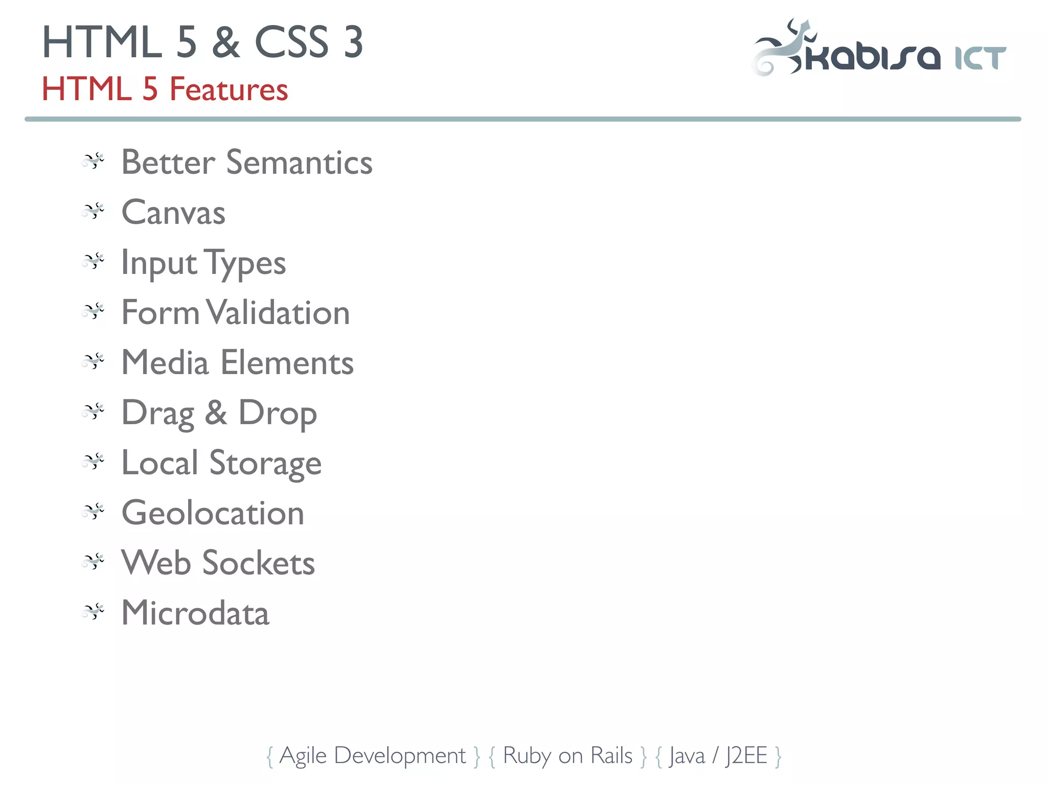 HTML 5 & CSS 3
HTML 5 Features

    Better Semantics
    Canvas
    Input Types
    Form Validation
    Media Elements
    Drag & Drop
    Local Storage
    Geolocation
    Web Sockets
    Microdata


             { Agile Development } { Ruby on Rails } { Java / J2EE }
 