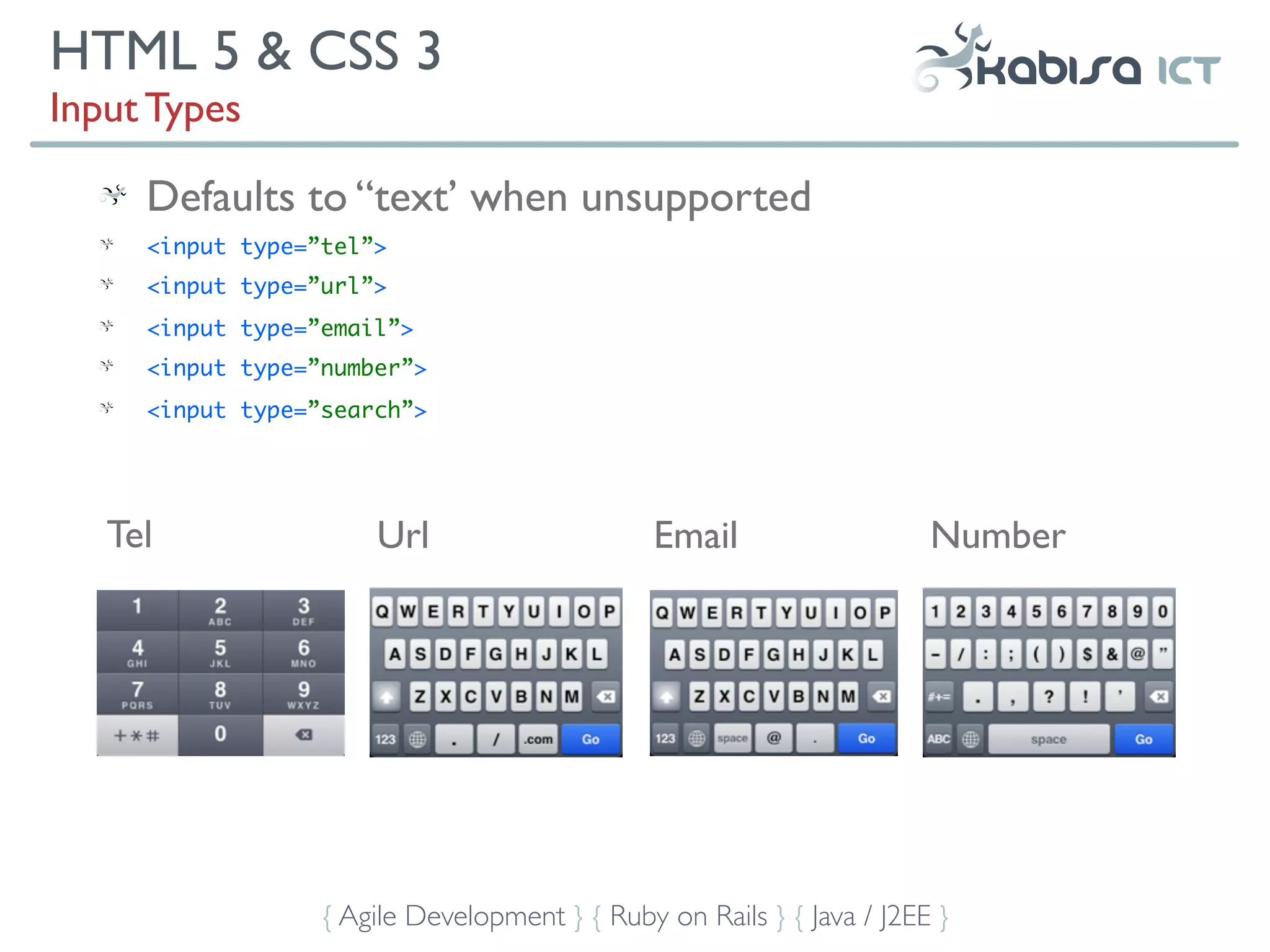HTML 5 & CSS 3
Input Types

     Defaults to “text’ when unsupported
     <input type=”tel”>
     <input type=”url”>
     <input type=”email”>
     <input type=”number”>
     <input type=”search”>




   Tel                Url                      Email                   Number




                  { Agile Development } { Ruby on Rails } { Java / J2EE }
 