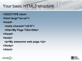Your basic HTML5 structure
<!DOCTYPE html>
<html lang="en-us">
<head>
<meta charset="utf-8">
<title>My Page Title</title>
...
