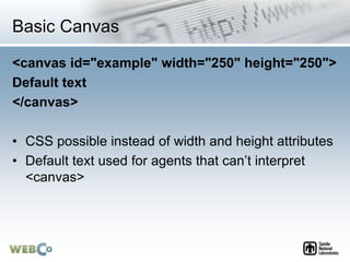 Basic Canvas
<canvas id="example" width="250" height="250">
Default text
</canvas>
• CSS possible instead of width and hei...