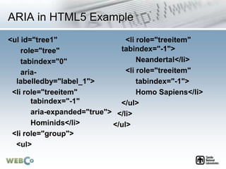 ARIA in HTML5 Example
<ul id="tree1"
role="tree"
tabindex="0"
aria-
labelledby="label_1">
<li role="treeitem"
tabindex="-1...