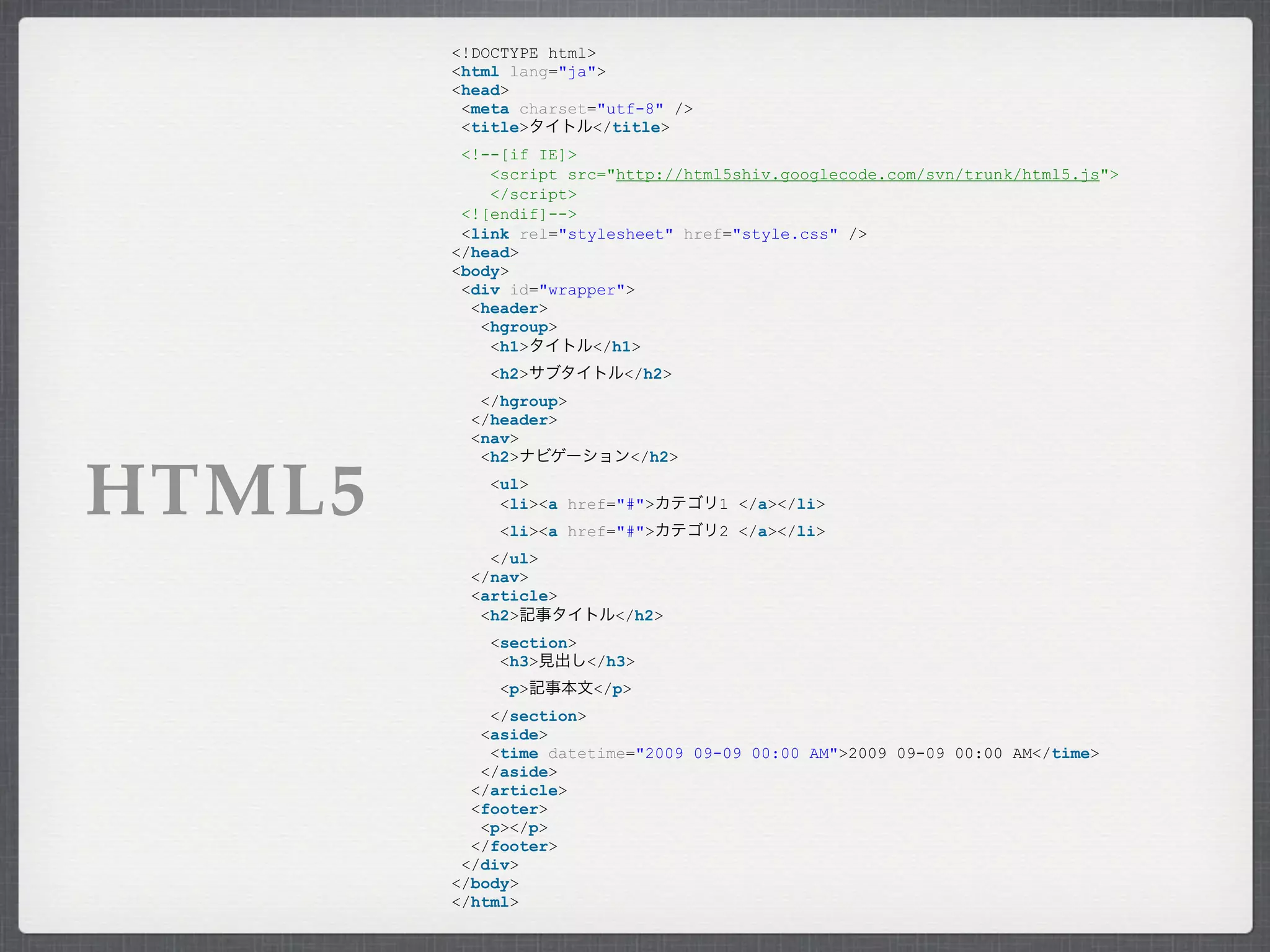 <!DOCTYPE html>
        <html lang="ja">
        <head>
         <meta charset="utf-8" />
         <title>       </title>
         <!--[if IE]>
            <script src="http://html5shiv.googlecode.com/svn/trunk/html5.js">
            </script>
         <![endif]-->
         <link rel="stylesheet" href="style.css" />
        </head>
        <body>
         <div id="wrapper">
          <header>
           <hgroup>
            <h1>       </h1>
            <h2>          </h2>
           </hgroup>
          </header>
          <nav>
           <h2>           </h2>


HTML5       <ul>
             <li><a href="#">
             <li><a href="#">
                                    1 </a></li>
                                    2 </a></li>
            </ul>
          </nav>
          <article>
           <h2>          </h2>
            <section>
             <h3>     </h3>
             <p>       </p>
            </section>
           <aside>
            <time datetime="2009 09-09 00:00 AM">2009 09-09 00:00 AM</time>
           </aside>
          </article>
          <footer>
           <p></p>
          </footer>
         </div>
        </body>
        </html>
 