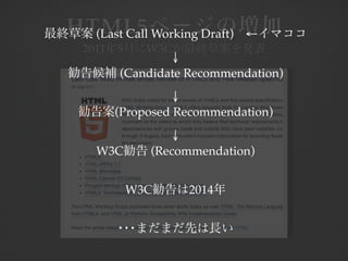 HTML5 Working Draft)
  (Last Call                ←
 2011   5     W3C
                ↓
        (Candidate Recommendation)
                  ↓
        (Proposed Recommendation)
                  ↓
   W3C        (Recommendation)


            W3C     2014
 