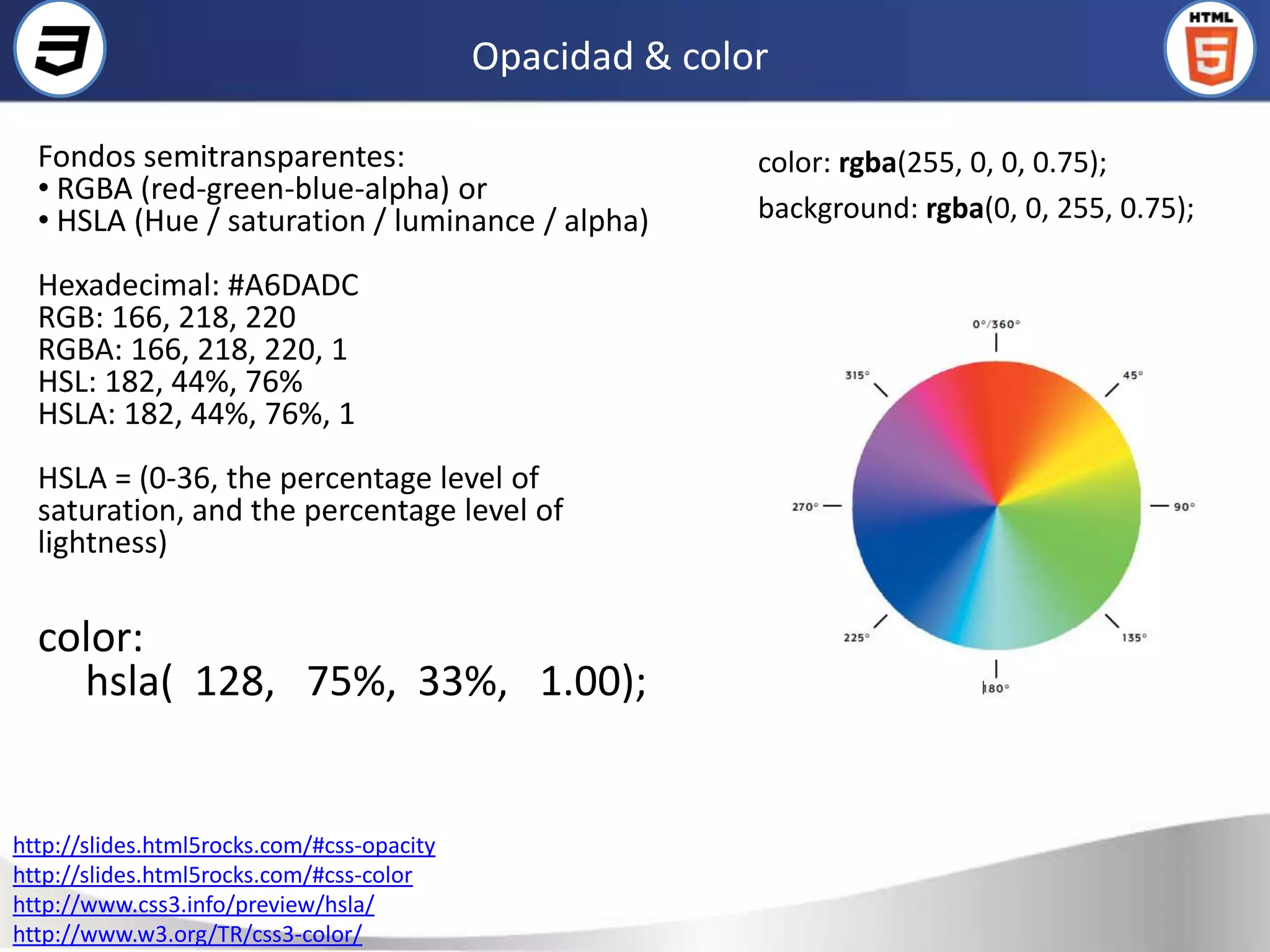 Opacidad & color

  Fondos semitransparentes:                                color: rgba(255, 0, 0, 0.75);
  • RGBA (red-green-blue-alpha) or
  • HSLA (Hue / saturation / luminance / alpha)            background: rgba(0, 0, 255, 0.75);

  Hexadecimal: #A6DADC
  RGB: 166, 218, 220
  RGBA: 166, 218, 220, 1
  HSL: 182, 44%, 76%
  HSLA: 182, 44%, 76%, 1
  HSLA = (0-36, the percentage level of
  saturation, and the percentage level of
  lightness)

  color:
    hsla( 128, 75%, 33%, 1.00);


http://slides.html5rocks.com/#css-opacity
http://slides.html5rocks.com/#css-color
http://www.css3.info/preview/hsla/
http://www.w3.org/TR/css3-color/
 
