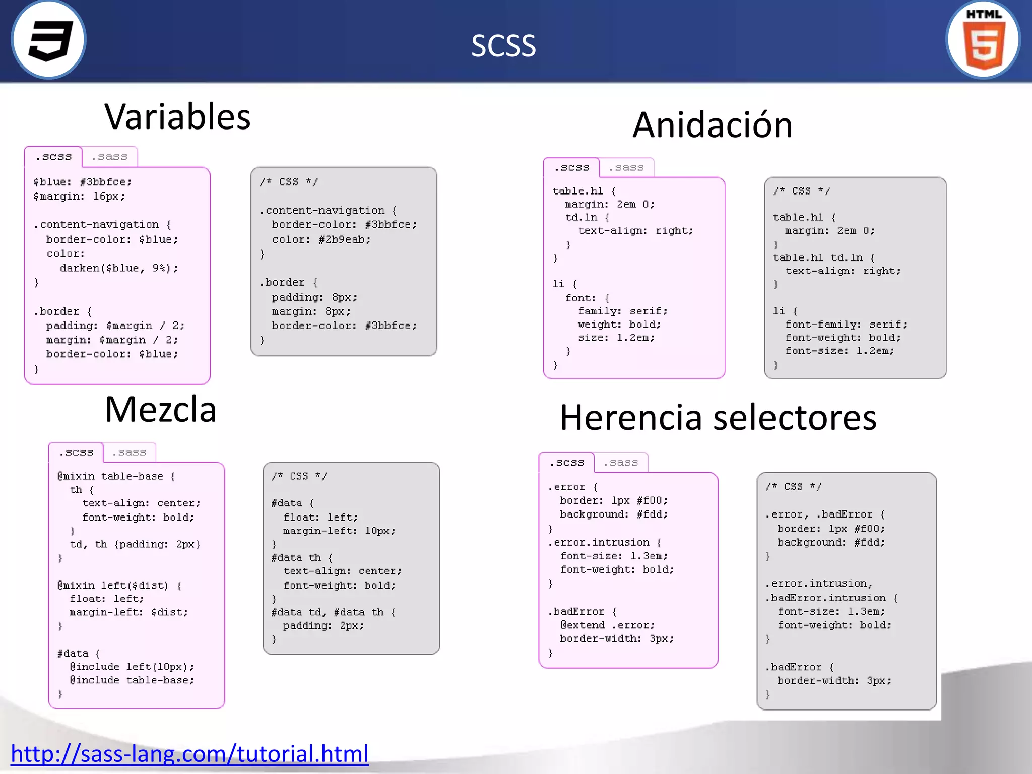 SCSS

        Variables                               Anidación




        Mezcla                              Herencia selectores




http://sass-lang.com/tutorial.html
 