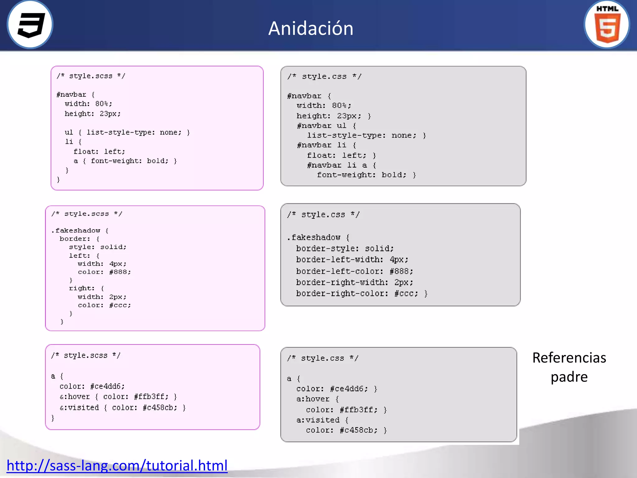 Anidación




                                                 Referencias
                                                   padre




http://sass-lang.com/tutorial.html
 