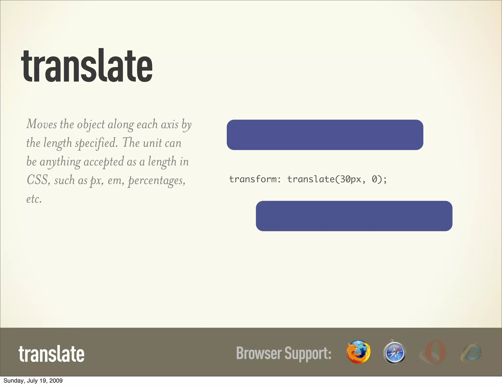 translate BrowserSupport:translate Moves the object along each axis by the length specified. The unit can be anything accepted as a length in CSS, such as px, em, percentages, etc. transform: translate(30px, 0); Sunday, July 19, 2009 