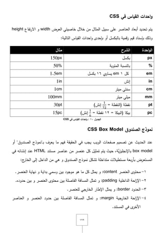 ٕٕٔ
‫في‬ ‫القياس‬ ‫احدات‬‫و‬CSS
‫العناصر‬ ‫أبعاد‬ ‫تحديد‬ ‫يتـ‬‫المثاؿ‬ ‫سبيؿ‬ ‫عمى‬‫خالؿ‬ ‫مف‬‫خاصيتي‬‫العرض‬width‫و‬‫تفاع‬‫ر‬‫اّل‬height
‫قيـ‬ ‫بإسناد‬ ‫وذلؾ‬:‫التالية‬ ‫القياس‬ ‫احدات‬‫و‬ ‫بإحدى‬ ‫أو‬ ‫بالبكسؿ‬ ‫قمية‬‫ر‬
‫احدة‬‫و‬‫ال‬‫الشرح‬‫مثال‬
px‫بكسؿ‬150px
%‫المئوية‬ ‫بالنسبة‬50%
em‫كؿ‬ٔem‫يساوي‬ٔٙ‫بكسؿ‬1.5em
in‫إنش‬1in
cm‫ميتر‬ ‫سنتي‬1cm
mm‫ميتر‬ ‫ميمي‬100mm
pt= ‫(النقطة‬ ‫نقطة‬)‫إنش‬30pt
pc= ‫(البيكا‬ ‫بيكا‬ٕٔ= ‫نقطة‬)‫إنش‬15pc
‫الجدول‬11‫في‬ ‫القياس‬ ‫احدات‬‫و‬ :CSS
‫الصندوق‬ ‫نموذج‬CSS Box Model
‫الحديث‬ ‫عند‬‫ػ‬‫ب‬ ‫يعرؼ‬ ‫ما‬ ‫فيـ‬ ‫الحقيقة‬ ‫في‬ ‫يجب‬ ‫الويب‬ ‫صفحات‬ ‫تصميـ‬ ‫عف‬"‫الصندوؽ‬ ‫نموذج‬"‫أو‬
box model‫َّة‬‫ي‬‫ز‬‫باإلنجمي‬‫مستند‬ ‫عناصر‬ ‫مف‬ ‫عنصر‬ ‫كؿ‬ ‫تمثيؿ‬ ‫يتـ‬ ‫حيث‬ ,HTML‫في‬ ‫إنشائو‬ ‫عند‬
‫و‬ ‫الصندوؽ‬ ‫نموذج‬ ‫تشكؿ‬ ‫متداخمة‬ ‫مستطيالت‬ ‫بعة‬‫ر‬‫بأ‬ ‫المستعرض‬‫ىي‬:‫ج‬‫الخار‬ ‫إلى‬ ‫الداخؿ‬ ‫مف‬
ٔ-‫العنصر‬ ‫محتوى‬content‫العنصر‬ ‫نياية‬ ‫و‬ ‫بداية‬ ‫وسمي‬ ‫بيف‬ ‫موجود‬ ‫ىو‬ ‫ما‬ ‫كؿ‬ ‫يمثؿ‬ ‫و‬ :.
ٕ-‫احة‬‫ز‬‫اإل‬‫الداخمية‬padding‫المسافة‬ ‫تمثؿ‬ ‫و‬ :‫حدوده‬ ‫بيف‬ ‫و‬ ‫العنصر‬ ‫محتوى‬ ‫بيف‬ ‫الفاصمة‬.
ٖ-‫الحدود‬border‫لمعنصر‬ ‫الخارجي‬ ‫اإلطار‬ ‫يمثؿ‬ ‫و‬ :.
ٗ-‫الخارجية‬ ‫احة‬‫ز‬‫اإل‬margin‫بي‬ ‫الفاصمة‬ ‫المسافة‬ ‫تمثؿ‬ ‫و‬ :‫ف‬‫العناصر‬ ‫و‬ ‫العنصر‬ ‫حدود‬
‫المستند‬ ‫في‬ ‫ى‬‫األخر‬.
 