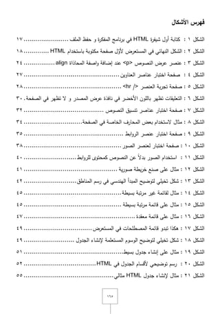 ٔٙ٘
‫األشكال‬ ‫فهرس‬
‫الشك‬‫ؿ‬ٔ:‫كتابة‬‫أوؿ‬‫ة‬‫ر‬‫شيف‬HTML‫في‬‫نامج‬‫ر‬‫ب‬‫ة‬‫ر‬‫المفك‬‫و‬‫حفظ‬‫الممؼ‬.......................ٔٚ
‫الشكؿ‬ٕ:‫الشكؿ‬‫النيائي‬‫في‬‫المستعرض‬‫ؿ‬َّ‫ألو‬‫صفحة‬‫مكتوبة‬‫باستخداـ‬HTML.............ٔٛ
‫الشكؿ‬ٖ:‫عنصر‬‫عرض‬‫النصوص‬<p>‫عند‬‫إضافة‬‫اصفة‬‫و‬‫المحاذاة‬align................ٕٗ
‫الشكؿ‬ٗ:‫صفحة‬‫اختبار‬‫عناصر‬‫العناويف‬.................................................ٕٚ
‫الشكؿ‬٘:‫صفحة‬‫بة‬‫ر‬‫تج‬‫العنصر‬<hr />..................................................ٕٛ
‫الشكؿ‬ٙ:‫التعميقات‬‫تظير‬‫بالموف‬‫األخضر‬‫في‬‫نافذة‬‫عرض‬‫المصدر‬‫و‬‫ّل‬‫تظير‬‫في‬‫الصفحة‬.ٖٓ
‫الشكؿ‬ٚ:‫صفحة‬‫اختبار‬‫عناصر‬‫تنسيؽ‬‫النصوص‬.........................................ٖٕ
‫الشكؿ‬ٛ:‫مثاؿ‬‫ّلستخداـ‬‫بعض‬‫المحارؼ‬‫الخاصة‬‫في‬‫الصفحة‬..............................ٖٗ
‫الشكؿ‬ٜ:‫صفحة‬‫اختبار‬‫عنصر‬‫ابط‬‫و‬‫الر‬...................................................ٖ٘
‫الشكؿ‬ٔٓ:‫صفحة‬‫اختبار‬‫لعنصر‬‫الصور‬..................................................ٖٛ
‫الشكؿ‬ٔٔ:‫استخداـ‬‫الصور‬ً‫ّل‬‫بد‬‫عف‬‫النصوص‬‫كمحتوى‬‫ابط‬‫و‬‫لمر‬...........................ٗٓ
‫الشكؿ‬ٕٔ:‫مثاؿ‬‫عمى‬‫صنع‬‫يطة‬‫ر‬‫خ‬‫ية‬‫ر‬‫صو‬................................................ٗٔ
‫الشكؿ‬ٖٔ:‫شكؿ‬‫تخيمي‬‫لتوضي‬‫ح‬‫المبدأ‬‫اليندسي‬‫في‬‫رسـ‬‫المناطؽ‬...........................ٕٗ
‫الشكؿ‬ٔٗ:‫مثاؿ‬‫لقائمة‬‫غير‬‫تبة‬‫ر‬‫م‬‫بسيطة‬..................................................ٗ٘
‫الشكؿ‬ٔ٘:‫مثاؿ‬‫عمى‬‫قائمة‬‫تبة‬‫ر‬‫م‬‫بسيطة‬..................................................ٗ٘
‫الشكؿ‬ٔٙ:‫مثاؿ‬‫عمى‬‫قائمة‬‫معقدة‬.........................................................ٗٚ
‫الشكؿ‬ٔٚ:‫ىكذا‬‫تبدو‬‫قائمة‬‫المصطمحات‬‫في‬‫المستعرض‬...................................ٜٗ
‫الشكؿ‬ٔٛ:‫شكؿ‬‫تخيمي‬‫لتوضيح‬‫الوسوـ‬‫المستعممة‬‫إلنشاء‬‫الجدوؿ‬..........................ٜٗ
‫الشكؿ‬ٜٔ:‫مثاؿ‬‫عمى‬‫إنشاء‬‫جدوؿ‬‫بسيط‬...................................................٘ٔ
‫الشكؿ‬ٕٓ:‫رسـ‬‫توضيحي‬‫ألقساـ‬‫الجدوؿ‬‫في‬HTML.....................................ٕ٘
‫الشكؿ‬ٕٔ:‫مثاؿ‬‫إلنشاء‬‫جدوؿ‬HTML‫مثالي‬..............................................٘٘
 