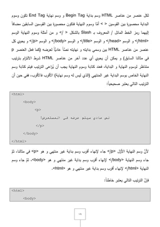 ٜٔ
‫عناصر‬ ‫مف‬ ‫عنصر‬ ‫لكؿ‬HTML‫بداية‬ ‫وسـ‬Begin Tag‫نياية‬ ‫وسـ‬ ‫و‬End Tag‫وسوـ‬ ‫تكوف‬
‫القوسيف‬ ‫بيف‬ ‫ة‬‫ر‬‫محصو‬ ‫البداية‬< >‫ة‬‫ر‬‫محصو‬ ‫فتكوف‬ ‫النياية‬ ‫وسوـ‬ ‫ا‬َّ‫أم‬ً‫ا‬‫مضاف‬ ‫السابقيف‬ ‫القوسيف‬ ‫بيف‬
‫المائؿ‬ ‫الخط‬ ‫رمز‬ ‫إلييما‬/‫ػ‬‫ب‬ ‫المعروؼ‬Slash‫بالشكؿ‬</ >‫الوسـ‬ ‫النياية‬ ‫وسوـ‬ ‫أمثمة‬ ‫مف‬ ‫و‬
</html>‫الوسـ‬ ‫و‬</head>‫الوسـ‬ ‫و‬</title>‫الوسـ‬ ‫و‬</body>‫الوسـ‬ ‫و‬</p>‫كؿ‬ ‫يحوي‬ ‫و‬
‫عناصر‬ ‫مف‬ ‫عنصر‬HTML‫لعرض‬ ً‫ا‬َّ‫عادي‬ ً‫ا‬َّ‫نص‬ ‫نيايتو‬ ‫و‬ ‫بدايتو‬ ‫وسمي‬ ‫بيف‬‫و‬‫العنصر‬ ‫فعؿ‬ ‫(كما‬p
)‫السابؽ‬ ‫مثالنا‬ ‫في‬‫عناصر‬ ‫مف‬ ‫آخر‬ ‫عدد‬ ‫أي‬ ‫يحوي‬ ‫أف‬ ‫يمكف‬ ‫و‬HTML‫تيب‬‫ر‬‫بت‬ ‫اـ‬‫ز‬‫اّللت‬ ‫شرط‬
‫متناظر‬‫ل‬‫وسـ‬ ‫كتابة‬ ‫فيتـ‬ ‫تيب‬‫ر‬‫الت‬ ‫اعى‬‫ر‬ُ‫ي‬ ‫أف‬ ‫يجب‬ ‫النياية‬ ‫وسوـ‬ ‫كتابة‬ ‫فعند‬ ,‫البداية‬ ‫و‬ ‫النياية‬ ‫وسوـ‬
‫األ‬ )‫نياية‬ ‫وسـ‬ ‫لو‬ ‫ليس‬ ‫(الذي‬ ‫المنتيي‬ ‫غير‬ ‫البداية‬ ‫بوسـ‬ ‫الخاص‬ ‫النياية‬‫أف‬ ‫حيف‬ ‫ففي‬ ,‫فاألقرب‬ ‫قرب‬
:ً‫ا‬‫صحيحي‬ ‫يعتبر‬ ‫التالي‬ ‫تيب‬‫ر‬‫الت‬
<html>
<body>
<p>
!‫اٌّسزؼشع‬ ٟ‫ف‬ ٗ‫ػشػ‬ ُ‫س١ز‬ ٞ‫ػبد‬ ‫ٔض‬
</p>
</body>
</html>
‫ؿ‬َّ‫األو‬ ‫النياية‬ ‫وسـ‬ َّ‫ألف‬</p>‫ىو‬ ‫و‬ ‫منتيي‬ ‫غير‬ ‫بداية‬ ‫وسـ‬ ‫أقرب‬ ‫إلنياء‬ ‫جاء‬<p>َّ‫ثـ‬ ,‫مثالنا‬ ‫في‬
‫النياية‬ ‫وسـ‬ ‫جاء‬</body>‫ىو‬ ‫و‬ ‫منتيي‬ ‫غير‬ ‫بداية‬ ‫وسـ‬ ‫أقرب‬ ‫إلنياء‬<body>‫وسـ‬ ‫جاء‬ َّ‫ثـ‬ ,
‫النياية‬</html>‫ىو‬ ‫و‬ ‫منتيي‬ ‫غير‬ ‫بداية‬ ‫وسـ‬ ‫أقرب‬ ‫إلنياء‬<html>.
:ً‫ا‬‫خاطئ‬ ‫يعتبر‬ ‫التالي‬ ‫تيب‬‫ر‬‫الت‬ َّ‫فإف‬
<html>
<body>
 