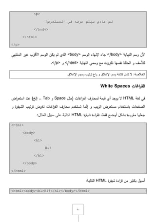 ٕٓ
<p>
!‫اٌّسزؼشع‬ ٟ‫ف‬ ٗ‫ػشػ‬ ُ‫س١ز‬ ٞ‫ػبد‬ ‫ٔض‬
</body>
</html>
</p>
‫النياية‬ ‫وسـ‬ ‫ألف‬</body>‫الوسـ‬ ‫إلنياء‬ ‫جاء‬<body>‫المنتيي‬ ‫غير‬ ‫األقرب‬ ‫الوسـ‬ ‫يكف‬ ‫لـ‬ ‫الذي‬
‫النياية‬ ‫وسمي‬ ‫مع‬ ‫تكررت‬ ‫نفسيا‬ ‫الحالة‬ ‫و‬ ‫لألسؼ‬</html>‫و‬</p>.
‫الخالصة‬‫ت‬ ‫ّل‬ :َ‫نس‬‫كتابة‬‫تيب‬‫ر‬‫ت‬ ِ‫ع‬‫ا‬‫ر‬ ‫و‬ ‫اإلغالؽ‬ ‫وسـ‬.‫اإلغالؽ‬ ‫وسوـ‬
‫اغات‬‫ر‬‫الف‬White Spaces
‫لغة‬ ‫في‬HTML‫(مثؿ‬ ‫اغات‬‫ر‬‫الف‬ ‫لمحارؼ‬ ‫قيمة‬ ‫أي‬ ‫يوجد‬ ‫ّل‬Space‫و‬Tab‫اض‬‫ر‬‫استع‬ ‫عند‬ )‫إلخ‬ ..
‫مستعرض‬ ‫باستخداـ‬ ‫الصفحات‬‫الويب‬‫و‬ ‫ة‬‫ر‬‫الشيف‬ ‫تيب‬‫ر‬‫ت‬ ‫لغرض‬ ‫اغات‬‫ر‬‫الف‬ ‫محارؼ‬ ‫تستخدـ‬ ‫ما‬َّ‫إن‬ ‫و‬
‫ة‬‫ر‬‫شيف‬ ‫اءة‬‫ر‬‫فق‬ ,‫فقط‬ ‫أوضح‬ ‫بشكؿ‬ ‫مقروءة‬ ‫جعميا‬HTML:‫المثاؿ‬ ‫سبيؿ‬ ‫عمى‬ ‫التالية‬
<html>
<body>
<h1>
Hi!
</h1>
</body>
</html>
‫ة‬‫ر‬‫شيف‬ ‫اءة‬‫ر‬‫ق‬ ‫مف‬ ‫بكثير‬ ‫أسيؿ‬HTML:‫التالية‬
<html><body><h1>Hi!</h1></body></html>
 