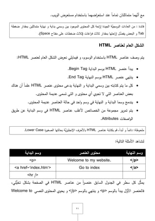 ٕٔ
‫يما‬َّ‫أن‬ ‫مع‬‫متماثمتاف‬.‫الويب‬ ‫مستعرض‬ ‫باستخداـ‬ ‫اضيما‬‫ر‬‫استع‬ ‫عند‬ ً‫ا‬‫تمام‬
‫ضغطة‬ ‫بمقدار‬ ‫متماثميف‬ ‫نياية‬ ‫و‬ ‫بداية‬ ‫وسمي‬ ‫بيف‬ ‫الموجود‬ ‫المحتوى‬ ‫كؿ‬ ‫احة‬‫ز‬‫إ‬ ‫الجيدة‬ ‫َّة‬‫البرمجي‬ ‫العادات‬ ‫مف‬ : ‫فائدة‬
Tab‫اغات‬‫ر‬‫ف‬ ‫ثالث‬ ‫بمقدار‬ ‫احتيا‬‫ز‬‫إ‬ ‫ؿ‬ِّ‫يفض‬ ‫البعض‬ ‫و‬‫مفتاح‬ ‫عمى‬ ‫ضغطات‬ ‫(ثالث‬Space).
‫لعناصر‬ ‫العام‬ ‫الشكل‬HTML
‫وصؼ‬ ‫يتـ‬‫عناصر‬HTML‫لعنصر‬ ‫العاـ‬ ‫الشكؿ‬ ‫نعرض‬ ‫فيمايمي‬ ‫و‬ ,‫الوسوـ‬ ‫باستخداـ‬HTML:
‫عنصر‬ ‫يبدأ‬HTML‫البداية‬ ‫بوسـ‬Begin Tag.
‫عنصر‬ ‫ينتيي‬HTML‫النياية‬ ‫بوسـ‬End Tag.
‫عنصر‬ ‫محتوى‬ ‫يدعى‬ ‫النياية‬ ‫و‬ ‫البداية‬ ‫وسمي‬ ‫بيف‬ ‫كتابتو‬ ‫يتـ‬ ‫ما‬ ‫كؿ‬HTML‫ىناؾ‬ ‫أف‬ ً‫ا‬‫عمم‬
‫العناصر‬ ‫بعض‬‫التي‬‫محتوى‬ ‫أي‬ ‫تحوي‬ ‫ّل‬‫المحتوى‬ ‫عديمة‬ ‫تسمى‬ ‫التي‬ ‫و‬.
‫يندمج‬‫وسم‬‫ا‬‫النياية‬ ‫و‬ ‫البداية‬‫احد‬‫و‬ ‫وسـ‬ ‫في‬‫في‬‫حالة‬.‫المحتوى‬ ‫عديمة‬ ‫العناصر‬
‫عناصر‬ ‫ألغمب‬ ‫الخصائص‬ ‫مف‬ ‫مجموعة‬ ‫ير‬‫ر‬‫تم‬ ‫يتـ‬HTML‫يؽ‬‫ر‬‫ط‬ ‫عف‬ ‫البداية‬ ‫وسـ‬ ‫في‬
‫اصفات‬‫و‬‫ال‬Attributes.
:‫ممحوظة‬,ً‫ا‬‫أبد‬ ‫و‬ ً‫ا‬‫دائم‬‫ب‬ ‫قـ‬‫عناصر‬ ‫كتابة‬HTML‫ة‬‫ر‬‫الصغي‬ ‫بحالتيا‬ ‫َّة‬‫ي‬‫ز‬‫اإلنجمي‬ ‫باألحرؼ‬Lower Case.
:‫التالية‬ ‫األمثمة‬ ‫لنشاىد‬
‫النهاية‬ ‫وسم‬‫العنصر‬ ‫محتوى‬‫البداية‬ ‫وسم‬
</p>Welcome to my website.<p>
</a>Go to index<a href="index.htm">
<hr />
‫سطر‬ ‫كؿ‬ ‫ؿ‬ِّ‫ث‬‫يم‬‫السابؽ‬ ‫الجدوؿ‬ ‫في‬‫عناصر‬ ‫مف‬ ً‫ا‬‫ر‬‫عنص‬HTML‫الصفحة‬ ‫في‬‫ُّمي‬‫تخي‬ ‫بشكؿ‬,
‫بالوسـ‬ ‫يبدأ‬ ‫ؿ‬َّ‫األو‬ ‫فالعنصر‬<p>‫بالوسـ‬ ‫ينتيي‬ ‫و‬</p>‫و‬‫يحوي‬‫النصي‬ ‫المحتوى‬Welcome to
 