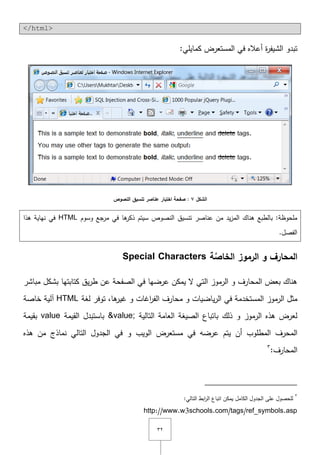 ٖٕ
</html>
:‫كمايمي‬ ‫المستعرض‬ ‫في‬ ‫أعاله‬ ‫ة‬‫ر‬‫الشيف‬ ‫تبدو‬
‫الشكل‬7‫النصوص‬ ‫تنسيق‬ ‫عناصر‬ ‫اختبار‬ ‫صفحة‬ :
‫وسوـ‬ ‫جع‬‫مر‬ ‫في‬ ‫ىا‬‫ذكر‬ ‫سيتـ‬ ‫النصوص‬ ‫تنسيؽ‬ ‫عناصر‬ ‫مف‬ ‫يد‬‫ز‬‫الم‬ ‫ىناؾ‬ ‫بالطبع‬ :‫ممحوظة‬HTML‫ىذا‬ ‫نياية‬ ‫في‬
.‫الفصؿ‬
‫ة‬َّ‫الخاص‬ ‫الرموز‬ ‫و‬ ‫المحارف‬Special Characters
‫كتابتيا‬ ‫يؽ‬‫ر‬‫ط‬ ‫عف‬ ‫الصفحة‬ ‫في‬ ‫عرضيا‬ ‫يمكف‬ ‫ّل‬ ‫التي‬ ‫الرموز‬ ‫و‬ ‫المحارؼ‬ ‫بعض‬ ‫ىناؾ‬‫مباشر‬ ‫بشكؿ‬
‫ياضيات‬‫ر‬‫ال‬ ‫في‬ ‫المستخدمة‬ ‫الرموز‬ ‫مثؿ‬‫اغات‬‫ر‬‫الف‬ ‫محارؼ‬ ‫و‬‫لغة‬ ‫توفر‬ ,‫ىا‬‫غير‬ ‫و‬HTML‫خاصة‬ ‫آلية‬
‫التالية‬ ‫العامة‬ ‫الصيغة‬ ‫باتباع‬ ‫ذلؾ‬ ‫و‬ ‫الرموز‬ ‫ىذه‬ ‫لعرض‬&value;‫القيمة‬ ‫باستبدؿ‬value‫بقيمة‬
‫المطموب‬ ‫المحرؼ‬‫أف‬‫في‬ ‫عرضو‬ ‫يتـ‬‫الويب‬ ‫مستعرض‬‫ىذه‬ ‫مف‬ ‫نماذج‬ ‫التالي‬ ‫الجدوؿ‬ ‫في‬ ‫و‬
:‫المحارؼ‬ٖ
ٖ
:‫التالي‬ ‫ابط‬‫ر‬‫ال‬ ‫اتباع‬ ‫يمكف‬ ‫الكامؿ‬ ‫الجدوؿ‬ ‫عمى‬ ‫لمحصوؿ‬
http://www.w3schools.com/tags/ref_symbols.asp
 