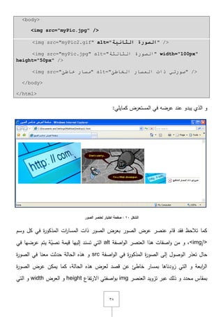 ٖٛ
<body>
<img src="myPic.jpg" />
<img src="myPic2.gif" alt="‫انثاويح‬ ‫انصىرج‬" />
<img src="myPic.jpg" alt="‫اٌثبٌثخ‬ ‫اٌظٛسح‬" width="100px"
height="50px" />
<img src="‫خبؿئ‬ ‫ِسبس‬" alt="‫اٌخبؿئ‬ ‫اٌّسبس‬ ‫راد‬ ٟ‫طٛسر‬" />
</body>
</html>
‫عند‬ ‫يبدو‬ ‫الذي‬ ‫و‬:‫كمايمي‬ ‫المستعرض‬ ‫في‬ ‫عرضو‬
‫الشكل‬11:‫الصور‬ ‫لعنصر‬ ‫اختبار‬ ‫صفحة‬
‫وسـ‬ ‫كؿ‬ ‫في‬ ‫ة‬‫ر‬‫المذكو‬ ‫ات‬‫ر‬‫المسا‬ ‫ذات‬ ‫الصور‬ ‫بعرض‬ ‫الصور‬ ‫عرض‬ ‫عنصر‬ ‫قاـ‬ ‫فقد‬ ‫تالحظ‬ ‫كما‬
<img/>‫اصفة‬‫و‬‫ال‬ ‫العنصر‬ ‫ىذا‬ ‫اصفات‬‫و‬ ‫مف‬ ‫و‬ ,alt‫في‬ ‫عرضيا‬ ‫يتـ‬ ‫ة‬ّ‫نصي‬ ‫قيمة‬ ‫إلييا‬ ‫تسند‬ ‫التي‬
‫ال‬ ‫تعذر‬ ‫حاؿ‬‫اصفة‬‫و‬‫ال‬ ‫في‬ ‫ة‬‫ر‬‫المذكو‬ ‫ة‬‫ر‬‫الصو‬ ‫إلى‬ ‫وصوؿ‬src‫ة‬‫ر‬‫الصو‬ ‫في‬ ‫معنا‬ ‫حدثت‬ ‫الحالة‬ ‫ىذه‬ ‫و‬
‫ة‬‫ر‬‫الصو‬ ‫عرض‬ ‫يمكف‬ ‫كما‬ ,‫الحالة‬ ‫ىذه‬ ‫لعرض‬ ‫قصد‬ ‫عف‬ ‫خاطئ‬ ‫بمسار‬ ‫زودناىا‬ ‫التي‬ ‫و‬ ‫ابعة‬‫ر‬‫ال‬
‫العنصر‬ ‫تزويد‬ ‫عبر‬ ‫ذلؾ‬ ‫و‬ ‫محدد‬ ‫بمقاس‬img‫تفاع‬‫ر‬‫اّل‬ ‫اصفتي‬‫و‬‫ب‬height‫العرض‬ ‫و‬width‫التي‬ ‫و‬
 