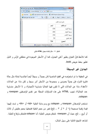 ٘٘
‫الشكل‬21‫جدول‬ ‫إلنشاء‬ ‫مثال‬ :HTML‫مثالي‬
‫الذيؿ‬ ‫و‬ ‫أس‬‫ر‬‫ال‬ ‫منطقتي‬ ‫في‬ ‫الموجودة‬ ‫األسطر‬ ‫أف‬ ‫كما‬ ,‫الجدوؿ‬ ‫أعمى‬ ‫يظير‬ ‫اف‬‫و‬‫العن‬ َّ‫فإف‬ ‫تالحظ‬ ‫كما‬
‫يض‬‫ر‬‫ع‬ ‫بخط‬ ‫تظير‬bold.
‫البسيطة‬ ‫غير‬ ‫الجداول‬
‫حالة‬ ‫مثؿ‬ ‫لحالة‬ ‫فبالنسبة‬ ً‫ا‬‫أيض‬ ً‫ا‬‫بسيط‬ ‫و‬ ً‫ال‬‫جمي‬ ‫كاف‬ ‫الماضية‬ ‫ة‬‫ر‬‫الفق‬ ‫في‬ ‫اضو‬‫ر‬‫استع‬ ‫تـ‬ ‫ما‬ ‫الحقيقة‬ ‫في‬
‫الحاّلت‬ ‫عف‬ ‫ماذا‬ ‫لكف‬ ‫و‬ ‫بسيط‬ ‫أمر‬ ‫األسطر‬ ‫مف‬ ‫بمجموعة‬ ‫و‬ ‫بعموديف‬ ً‫ّل‬‫و‬‫جد‬ ‫فإف‬ ‫اء‬‫ر‬‫الش‬ ‫ة‬‫ر‬‫فاتو‬
‫األس‬ ‫ّل‬ ‫و‬ ,‫األحجاـ؟‬ ‫متساوية‬ ‫الخاليا‬ ‫فييا‬ ‫تكوف‬ ‫ّل‬ ‫التي‬ ‫الحاّلت‬ ‫عف‬ ‫ماذا‬ ,‫األعقد؟‬‫متساوية‬ ‫طر‬
‫تجيب‬ ,‫الخاليا؟‬ ‫عدد‬HTML‫اصفتيف‬‫و‬‫ال‬ ‫تقديـ‬ ‫عبر‬ ‫ة‬ّ‫ق‬‫المح‬ ‫ّلت‬‫ؤ‬‫التسا‬ ‫ىذه‬ ‫عمى‬rowspan‫و‬
colspan.
‫اصفتاف‬‫و‬‫ال‬ ‫تستخدـ‬rowspan‫و‬colspan‫الخمية‬ ‫بداية‬ ‫وسـ‬ ‫مع‬<td>‫أو‬<th>‫إلييما‬ ‫تسند‬ ‫و‬
( ‫صحيحة‬ ‫قمية‬‫ر‬ ‫قيمة‬ٔ‫أو‬ٕ‫أو‬ٖ‫خميت‬ ‫بحجـ‬ ‫فتجعميا‬ ‫الخمية‬ ‫حجـ‬ ‫مف‬ ‫تغير‬ )‫إلخ‬ ..‫ثالث‬ ‫أو‬ ‫يف‬
‫أف‬ ‫حيث‬ ,‫إلخ‬ .. ‫بع‬‫ر‬‫أ‬ ‫أو‬rowspan‫أما‬ ,‫الخمية‬ ‫بعرض‬ ‫تتحكـ‬colspan.‫الخمية‬ ‫تفاع‬‫ر‬‫با‬ ‫فتتحكـ‬
:‫المثاؿ‬ ‫سبيؿ‬ ‫عمى‬ ‫التالية‬ ‫ة‬‫ر‬‫الشيف‬ ‫لنشاىد‬
 