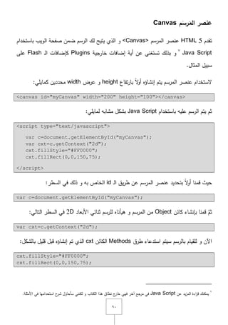 ٜٓ
‫م‬َ‫رس‬َ‫الم‬ ‫عنصر‬Canvas
‫تقدـ‬HTML 5‫المرسـ‬ ‫عنصر‬<Canvas>‫باستخداـ‬ ‫الويب‬ ‫صفحة‬ ‫ضمف‬ ‫الرسـ‬ ‫لؾ‬ ‫يتيح‬ ‫الذي‬ ‫و‬
Java Scriptٚ
‫و‬‫أية‬ ‫عف‬ ‫تستغني‬ ‫بذلؾ‬‫خارجية‬ ‫إضافات‬Plugins‫ػ‬‫ل‬‫ا‬ ‫كإضافات‬Flash‫عمى‬
.‫المثاؿ‬ ‫سبيؿ‬
‫تفاع‬‫ر‬‫با‬ ً‫ّل‬‫و‬‫أ‬ ‫إنشاؤه‬ ‫يتـ‬ ‫المرسـ‬ ‫عنصر‬ ‫ّلستخداـ‬height‫عرض‬ ‫و‬width:‫كمايمي‬ ‫محدديف‬
<canvas id="myCanvas" width="200" height="100"></canvas>
‫باستخداـ‬ ‫عميو‬ ‫الرسـ‬ ‫يتـ‬ ‫ثـ‬Java Script:‫لمايمي‬ ‫مشابو‬ ‫بشكؿ‬
<script type="text/javascript">
var c=document.getElementById("myCanvas");
var cxt=c.getContext("2d");
cxt.fillStyle="#FF0000";
cxt.fillRect(0,0,150,75);
</script>
‫ػ‬‫ل‬‫ا‬ ‫يؽ‬‫ر‬‫ط‬ ‫عف‬ ‫المرسـ‬ ‫عنصر‬ ‫بتحديد‬ ً‫ّل‬‫و‬‫أ‬ ‫قمنا‬ ‫حيث‬id:‫السطر‬ ‫في‬ ‫ذلؾ‬ ‫و‬ ‫بو‬ ‫الخاص‬
var c=document.getElementById("myCanvas");
َّ‫ثـ‬‫كائف‬ ‫بإنشاء‬ ‫قمنا‬Object‫األبعاد‬ ‫ثنائي‬ ‫لمرسـ‬ ‫ىيأناه‬ ‫و‬ ‫المرسـ‬ ‫مف‬2D:‫التالي‬ ‫السطر‬ ‫في‬
var cxt=c.getContext("2d");
‫طرؽ‬ ‫استدعاء‬ ‫سيتـ‬ ‫بالرسـ‬ ‫لمقياـ‬ ‫و‬ ‫اآلف‬Methods‫الكائف‬cxt‫إنشاؤه‬ ‫تـ‬ ‫الذي‬‫بالشكؿ‬ ‫قميؿ‬ ‫قبؿ‬:
cxt.fillStyle="#FF0000";
cxt.fillRect(0,0,150,75);
ٚ
‫عف‬ ‫يد‬‫ز‬‫الم‬ ‫اءة‬‫ر‬‫ق‬ ‫يمكنؾ‬Java Script.‫األمثمة‬ ‫في‬ ‫استخداميا‬ ‫ح‬‫شر‬ ‫سأحاوؿ‬ ‫لكنني‬ ‫و‬ ‫الكتاب‬ ‫ىذا‬ ‫نطاؽ‬ ‫ج‬‫خار‬ ‫فيي‬ ‫آخر‬ ‫مرجع‬ ‫في‬
 
