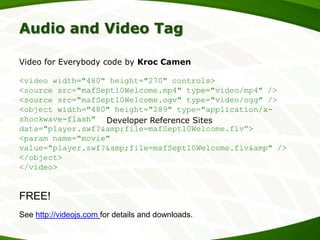 Audio and Video Tag
Video for Everybody code by Kroc Camen
<video width="480" height="270" controls>
<source src="mafSept10Welcome.mp4" type="video/mp4" />
<source src="mafSept10Welcome.ogv" type="video/ogg" />
<object width="480" height="289" type="application/xshockwave-flash" Developer Reference Sites
data="player.swf?&amp;file=mafSept10Welcome.flv”>
<param name="movie"
value="player.swf?&amp;file=mafSept10Welcome.flv&amp" />
</object>
</video>

FREE!
See http://videojs.com for details and downloads.

 