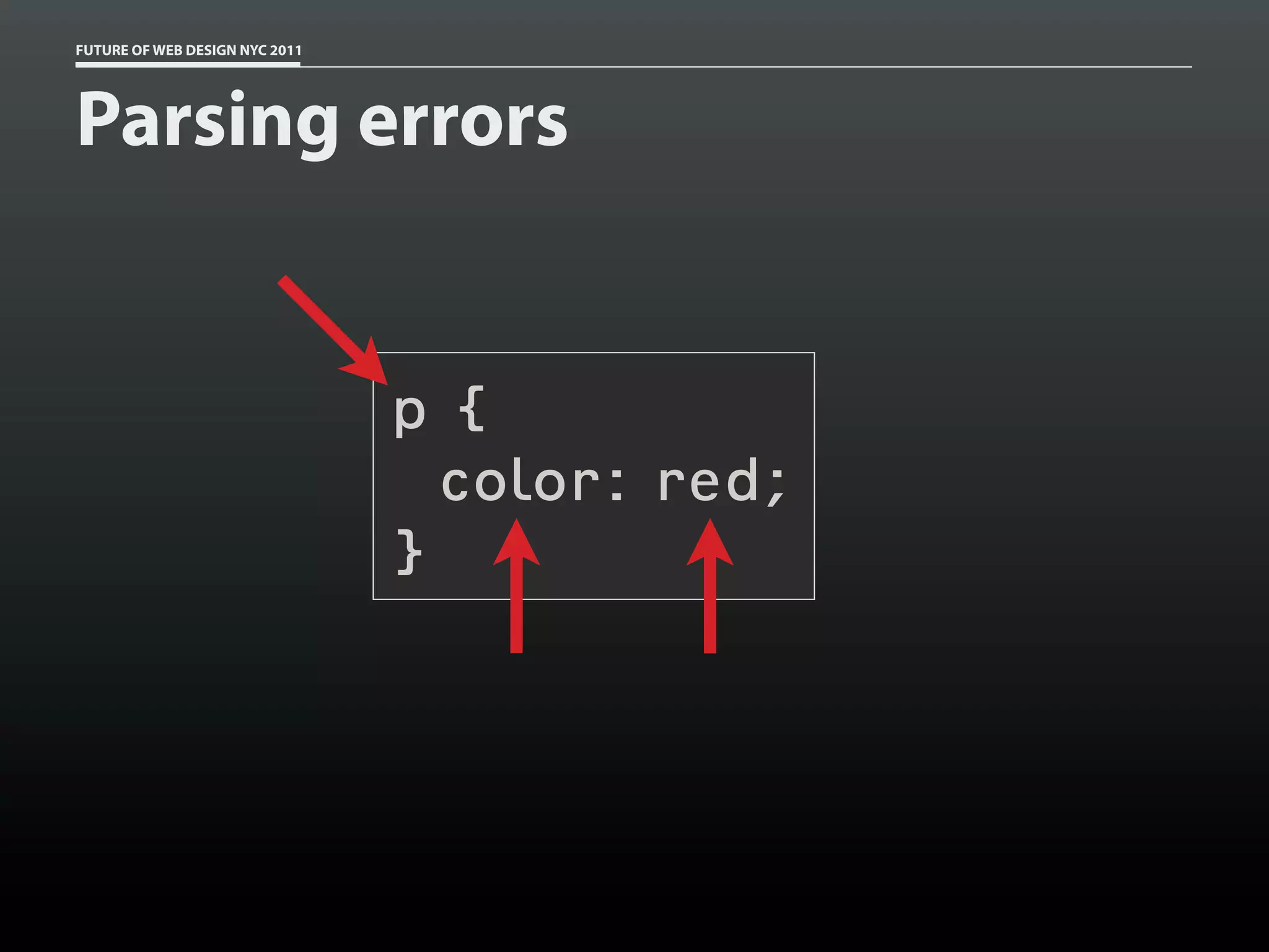 FUTURE OF WEB DESIGN NYC 2011




Parsing errors


                                p{
                                  color: red;
                                }
 