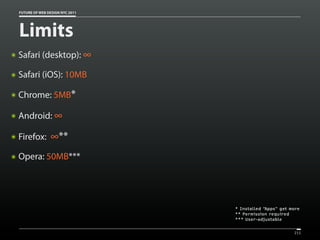 FUTURE OF WEB DESIGN NYC 2011




    Limits
๏   Safari (desktop): ∞

๏   Safari (iOS): 10MB

๏   Chrome: 5MB*

๏   Android: ∞

๏   Firefox: ∞**

๏   Opera: 50MB***




                                    * Installed “Apps” get more
                                    ** Permission required
                                    *** User-adjustable


                                                            211
 