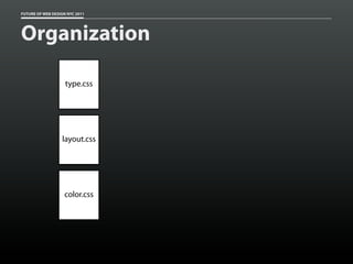 FUTURE OF WEB DESIGN NYC 2011




Organization

                    type.css




                  layout.css




                   color.css
 