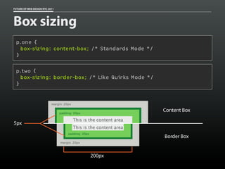 FUTURE OF WEB DESIGN NYC 2011




Box sizing
 p.one {
   box-sizing: content-box; /* Standards Mode */
 }


 p.two {
   box-sizing: border-box; /* Like Quirks Mode */
 }




                                                    Content Box

5px

                                                    Border Box


                                200px
 