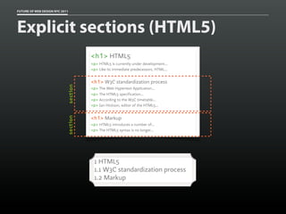 FUTURE OF WEB DESIGN NYC 2011




Explicit sections (HTML5)
                                      <h1> HTML5
                                      <p> HTML5 is currently under development...
                                      <p> Like its immediate predecessors, HTML...


                                      <h1> W3C standardization process
                            section


                                      <p> The Web Hypertext Application...
                                      <p> The HTML5 specification...
                                      <p> According to the W3C timetable...
                                      <p> Ian Hickson, editor of the HTML5...


                                      <h1> Markup
                            section




                                      <p> HTML5 introduces a number of...
                                      <p> The HTML5 syntax is no longer...




                                       1 HTML5
                                       1.1 W3C standardization process
                                       1.2 Markup
 