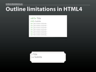 FUTURE OF WEB DESIGN NYC 2011




Outline limitations in HTML4
                                <h1> Title
                                <h2> Subtitle
                                <p> Text content continues...
                                <p> Text content continues...
                                <p> Text content continues...
                                <p> Text content continues...
                                <p> Text content continues...
                                <p> Text content continues...
                                <p> Text content continues...




                                 1 Title
                                 1.1 Subtitle
 